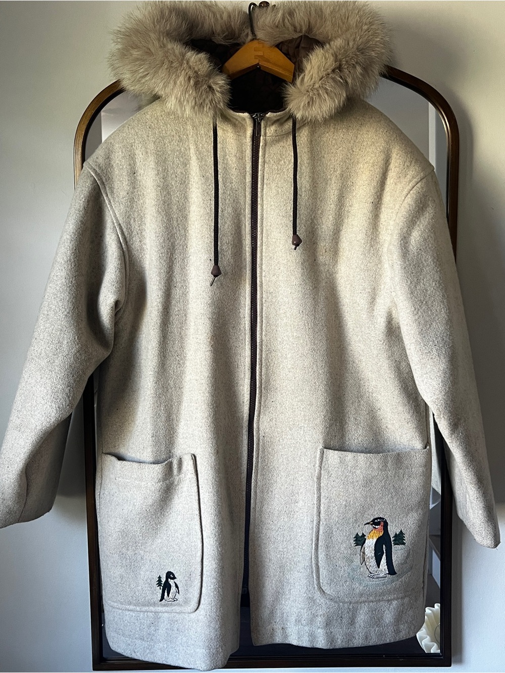 Vintage Cream Hooded Wool Coat with Faux-Fur Trim and Penguin Patch